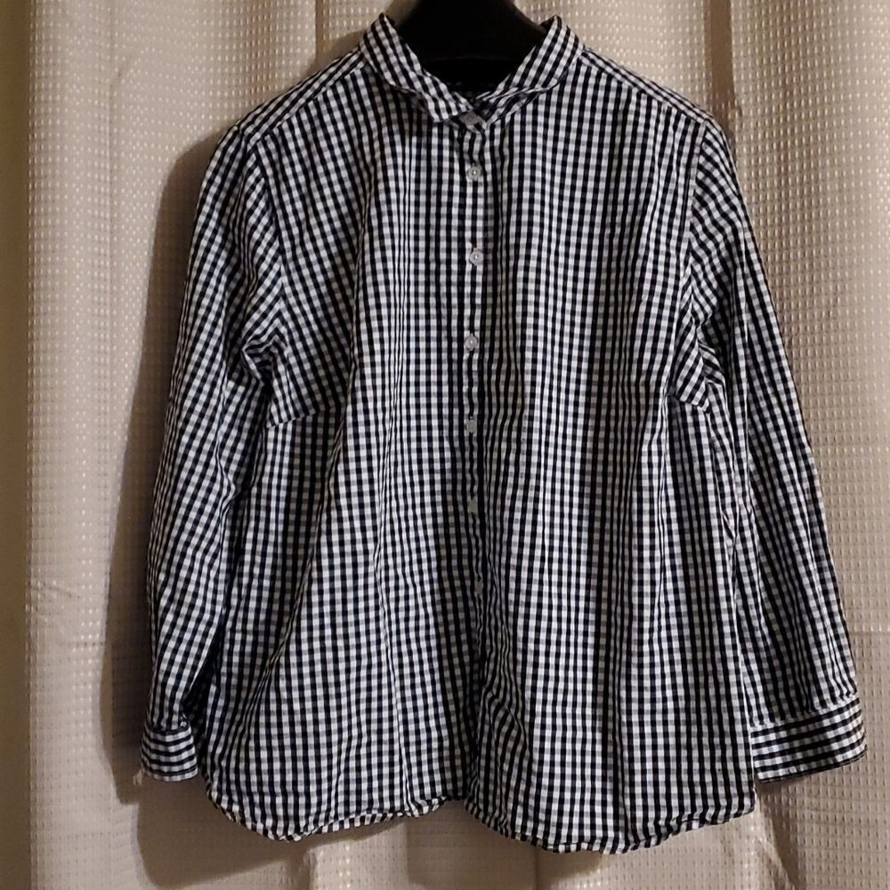 ELLOS WOMAN BUTTON DOWN  SHIRT  CHECKER BLACK WHITE